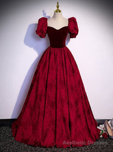 Burgundy Square Square Puff Sleeve Prom Dress